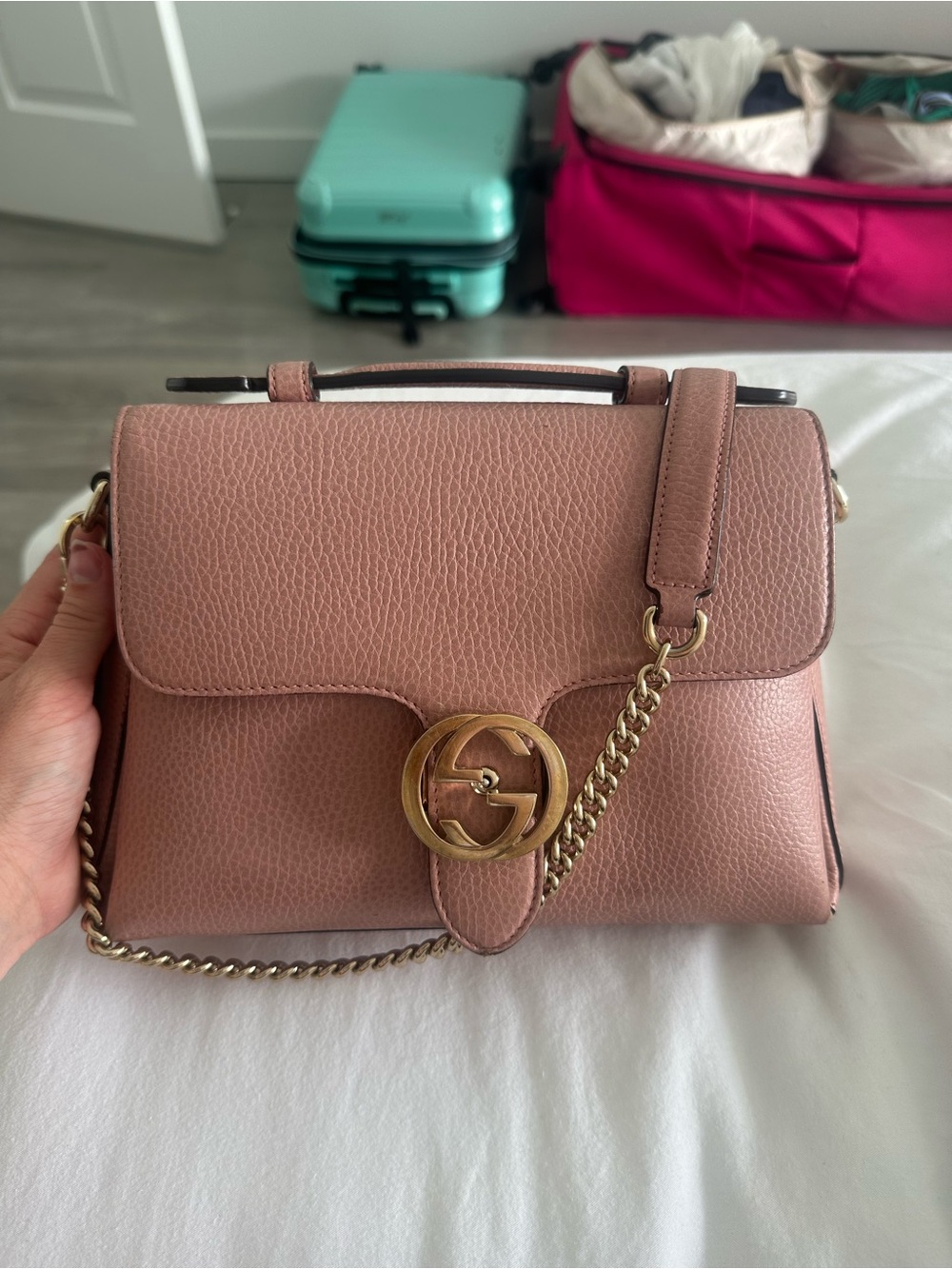 Gucci Rose Pink Pebbled Leather Top Handle Crossbody with Gold Chain